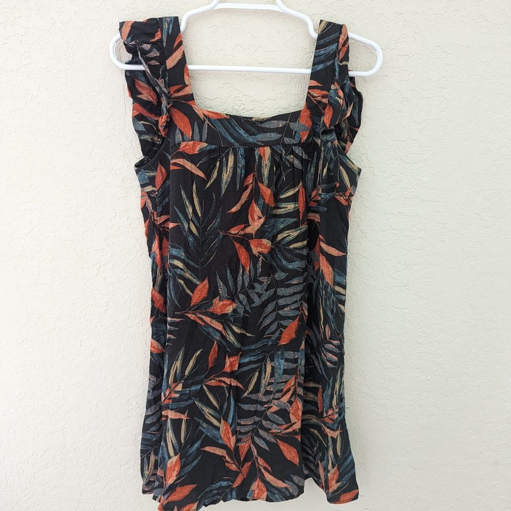 Knot Sisters Black Palm Tropical Dress Ruffled Sleeves Size S